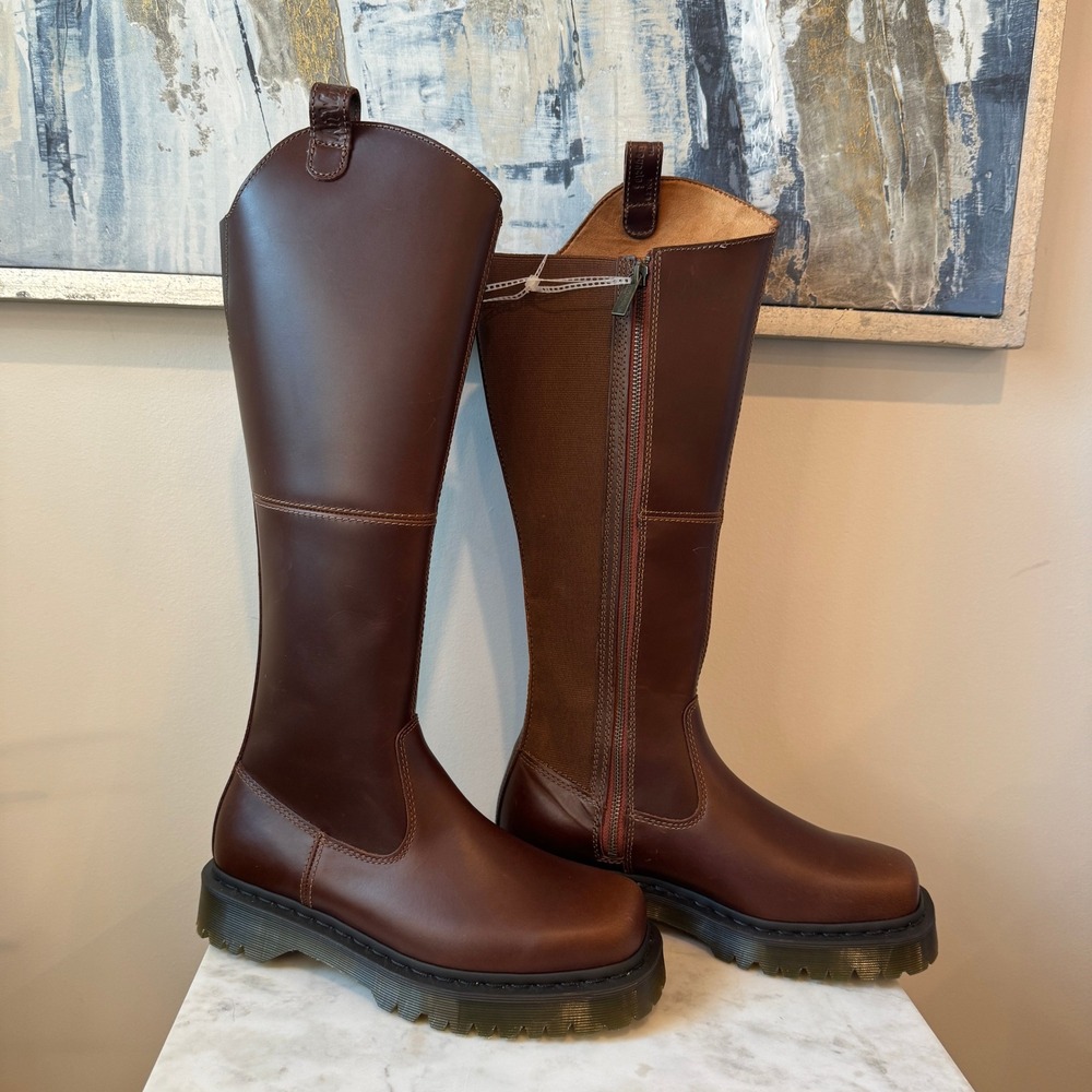 Dr. Martens Amaayah Hi Leather Bex Brown Riding Boots Women's Size 8 Platform - Picture 2 of 13